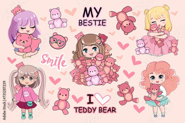 Obraz Cute collection with cartoon Funny Chibi little girl  in anime style with pink teddy bear toys. Kawaii style. Vector illustration t-shirt print