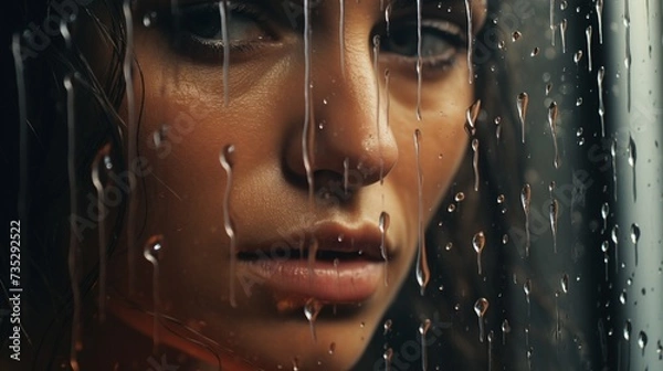 Fototapeta A rain-soaked window pane, capturing the dual nature of tears as both a release and a cleansing.