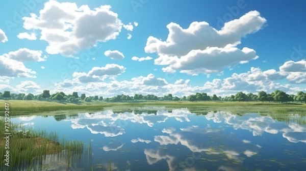 Fototapeta A reflection of clouds in a still pond, symbolizing the clarity that can come from quiet reflection.