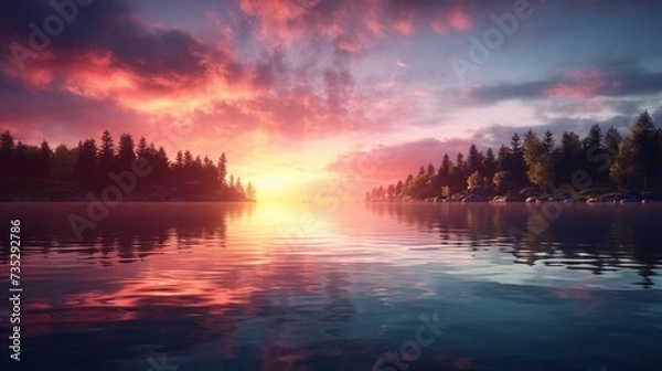 Fototapeta A serene sunset reflected in a calm lake, portraying the tranquility of mindfulness meditation.