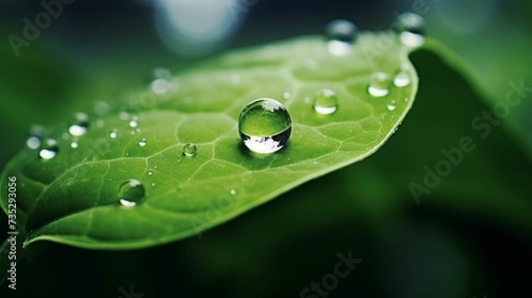 Fototapeta A single raindrop on a leaf, symbolizing the impact of small moments on mental well-being.