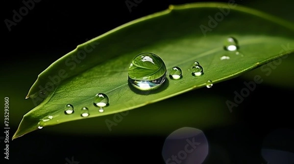 Fototapeta A single raindrop on a leaf, symbolizing the impact of small moments on mental well-being.
