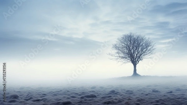 Fototapeta A solitary tree standing tall in a mist-covered field, symbolizing resilience in the face of challenges.