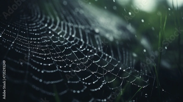 Fototapeta A spiderweb covered in dew, representing the interconnectedness of thoughts and feelings.