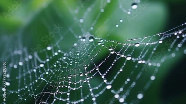 Fototapeta A spiderweb covered in dew, representing the interconnectedness of thoughts and feelings.