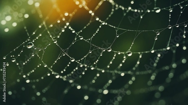 Fototapeta A spiderweb covered in dew, representing the interconnectedness of thoughts and feelings.