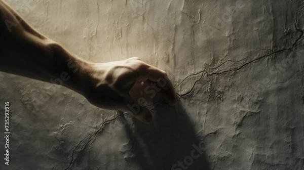 Fototapeta Shadows of hands reaching towards each other on a textured surface, symbolizing the power of connection.