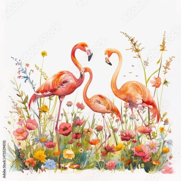 Fototapeta Flamingo in tropical plants on a white background. Watercolor illustration.