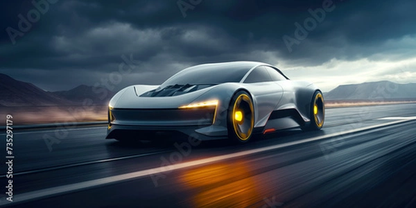 Fototapeta Stylish car drives quickly along highway in cloudy weather. Automobile with narrow headlights and illuminated wheels. Sports gray car in futuristic style