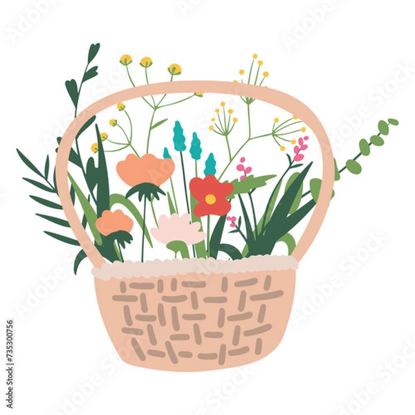 Fototapeta basket with flowers leaves. Vector illustration in a flat style isolated on white background