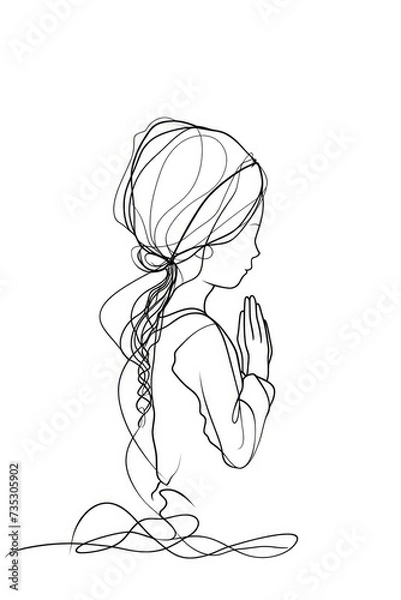 Fototapeta Little girl praying. Continuous line drawing. Vector illustration.