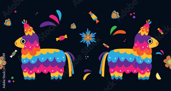 Obraz Mexican donkey pinata with candies. Decorative festive seamless border. 