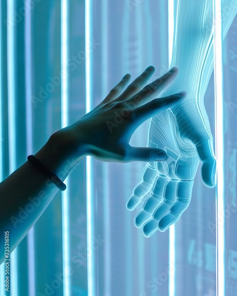 Fototapeta Contact between a cyber hand hand a human hand - Technologies and artificial intelligence concept