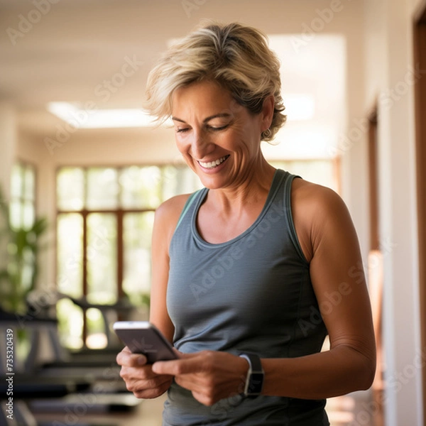 Obraz Satisfied with her fitness progress, a mature woman looks at an exercise app on her smartphone,