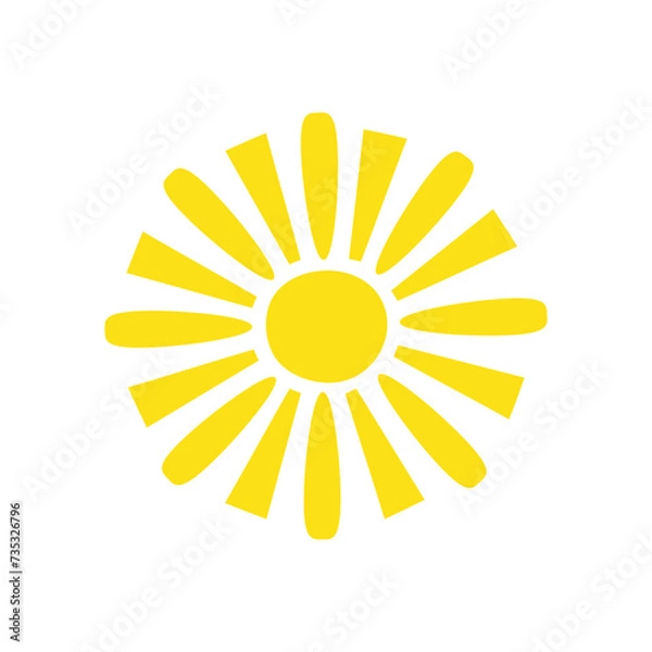 Obraz Simple yellow sun vector flat illustration with round shape middle and beams, cute summer image for making cards, decor, vacation concept, holiday and summertime design for children