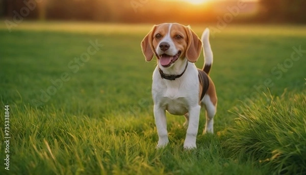 Fototapeta Beagle dog, dog at dawn, purebred dog in nature, happy dog, beautiful dog