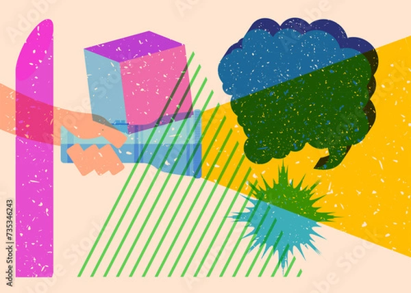 Fototapeta Risograph Flashlight with speech bubble with geometric shapes. Objects in trendy riso graph print texture style design with geometry elements.