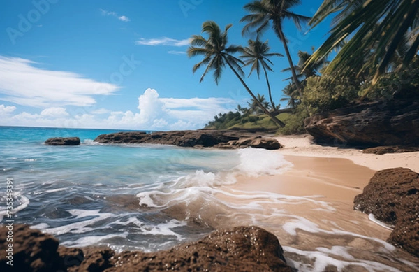 Fototapeta beach with palm trees and sea