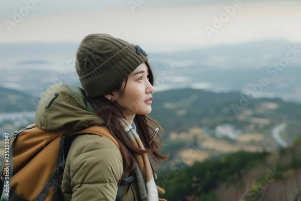 Fototapeta A rugged woman stands atop a mountain, her backpack and scarf fluttering in the wind as she gazes out over the breathtaking valley below, lost in the beauty of the great outdoors