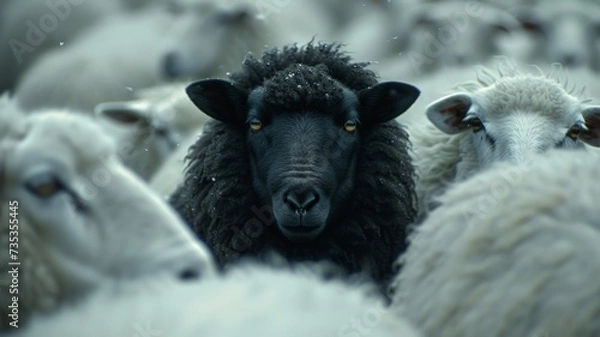 Fototapeta Flock sheep has one black goat as a part of their family.