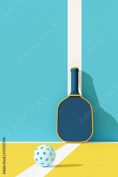 Obraz Pickleball sport equipments. The racket is resting against the wall and ball on court. 3d illustration, colorful render.