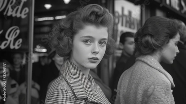 Obraz Grainy 1950's B&W portrait of a young hollywood starlet in the Big Apple. Dreams of her name up in lights.