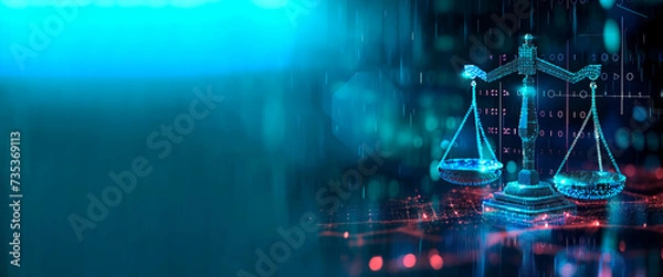 Fototapeta Digital law concept. Law scales at data center. Abstract banner