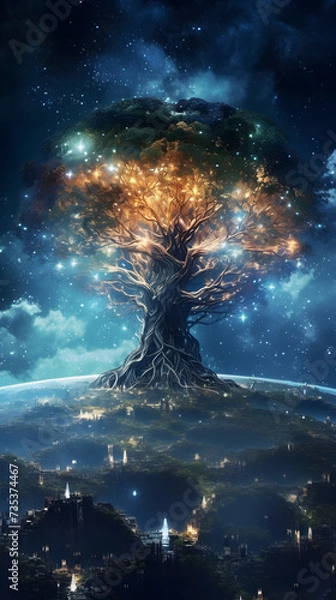 Fototapeta world tree behind a city