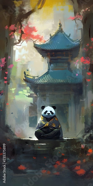 Fototapeta Buddhist panda meditating under a cherry tree