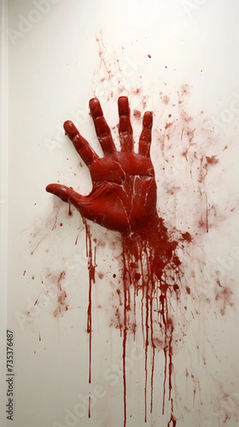 Fototapeta dark red smeared handprints on a white wall