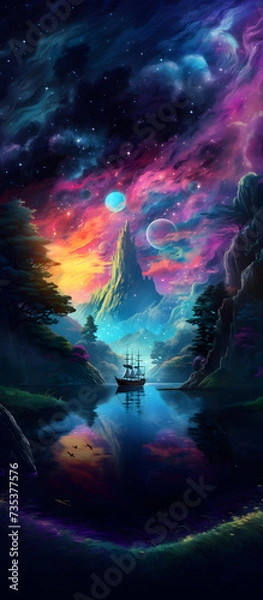 Fototapeta psycodelic galaxy world forest mountain