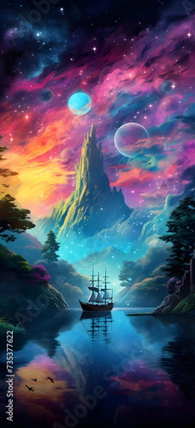 Fototapeta psycodelic galaxy world forest mountain