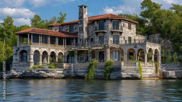 Fototapeta Like a castle on the water this floating home incorporates elements of oldworld charm with its elegant stone facade and cantilevered balconies.