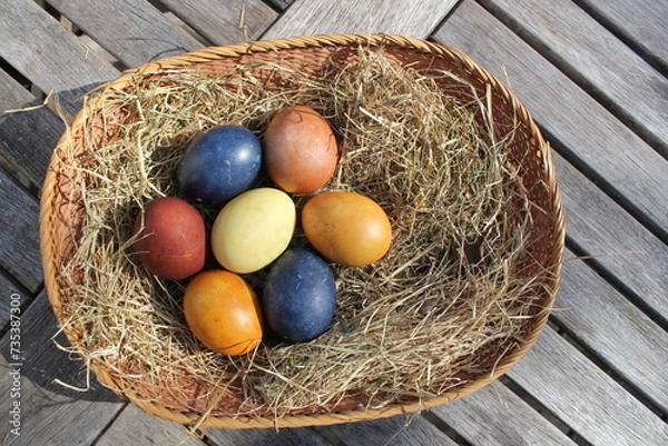 Obraz Naturally colored Easter eggs in a basket on a meadow