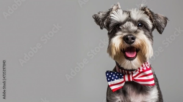 Obraz cheerful Miniature Schnauzer wear bow tie on neck ,  clean bright background, free copy space on the right