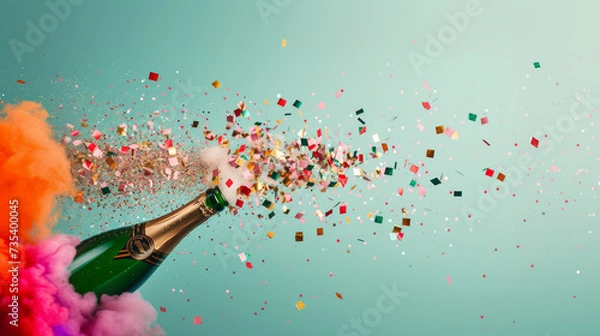 Fototapeta A floating champagne bottle releasing smoke and colorful confetti, embodying celebration, holidays, and joy, with warm and vibrant colors.