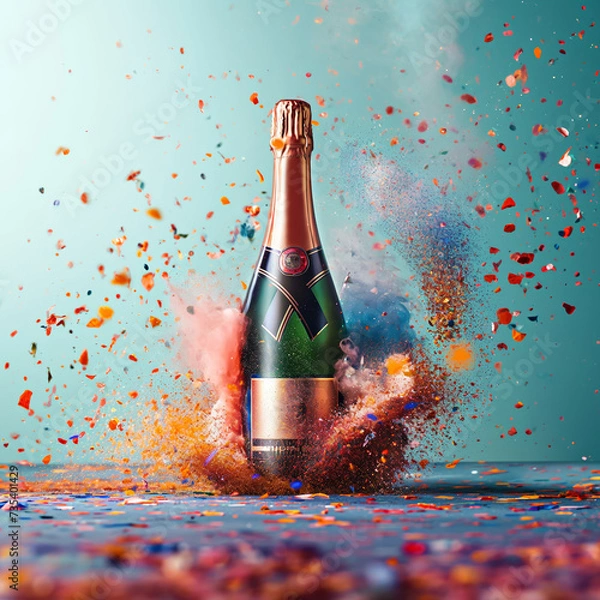 Fototapeta In the spirit of beautiful moments, a champagne bottle surrounded by colorful and shiny confetti, along with smoke bombs enveloping it, with warm and vivid colors.