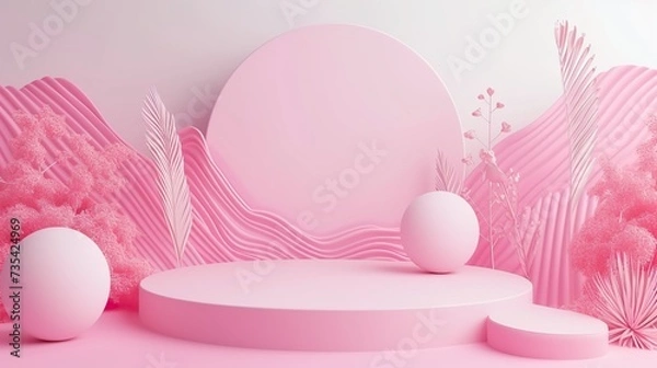 Fototapeta Empty neutral pink textured podium stage background with abstract lifestyle sunlight shadows. Template for business brand product showcase, sustainable aesthetic backdrop