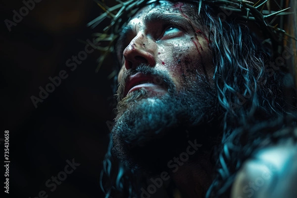 Fototapeta Imagination of The crucifixion scene with Jesus on the cross, surrounded by darkness and anguish, portraying the solemn moment of his ultimate sacrifice. Concept of crucifixion agony. Generative Ai.