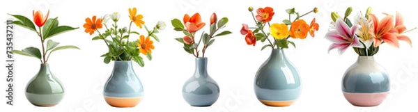 Fototapeta Decorative flowers in porcelain pots on a transparent or white background generative ai