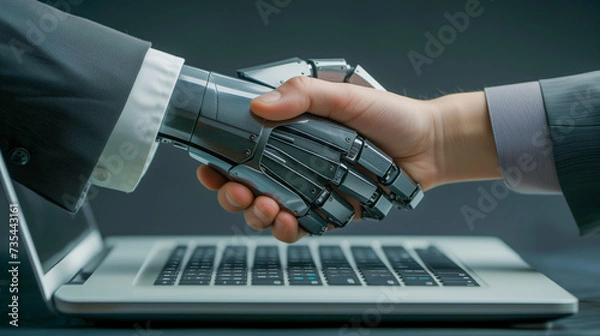 Fototapeta Human Handshake with AI Assistant Robot Arm Emerging from Laptop - Business Automation process concept using the latest technology