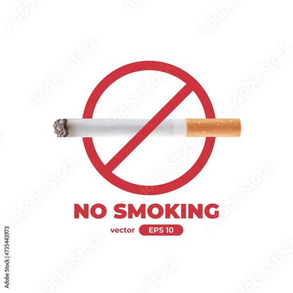 Fototapeta No smoking warning sign isolated on white background. Realistic cigarette. Prohibition sign, red crossed out circle. Vector illustration eps10.