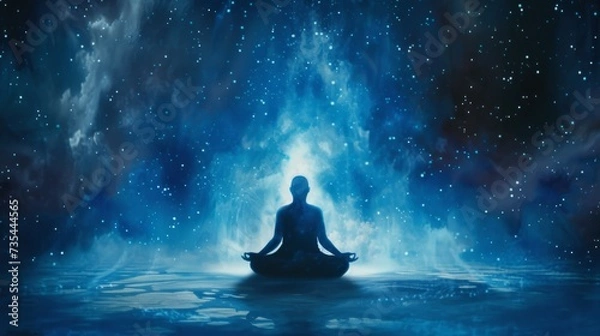 Fototapeta A serene soul finds balance and connection amidst the vast expanse of water and twinkling stars while sitting in a lotus position