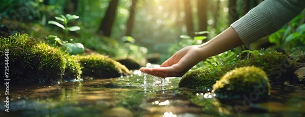 Fototapeta A human hand gently touching the surface of a clear forest stream, with sunlight filtering through the dense foliage of a peaceful woodland.