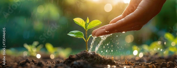 Fototapeta A caring hand watering a young sapling planted in fertile soil, with droplets of water and sunlight highlighting the importance of nurturing growth. Earth day.
