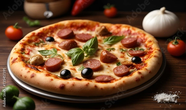 Fototapeta Pizza with sausage, herbs, spices and cheese