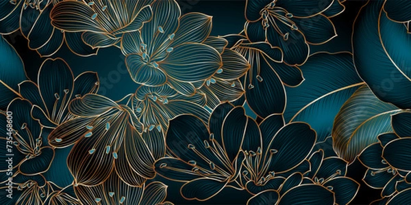 Fototapeta Luxury golden seamless floral pattern  with leaves  and clivia flower.
