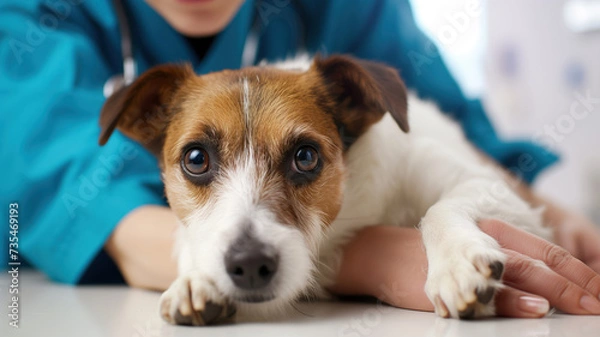 Obraz Quite jack russel dog at a veterinarian's appointment laying on the table, a doctor in a medical gown in the background