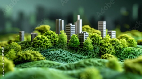 Fototapeta Paysage mêlant immeubles d'affaires et nature sauvage : illustration des projets à impacts et croissance verte des organisations et des entreprises, RSE et développement durable au travail