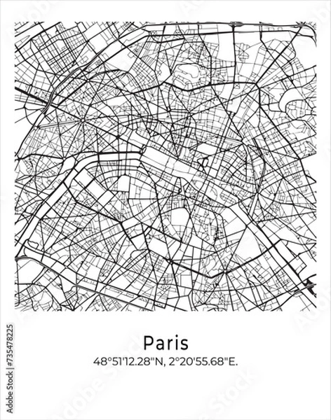 Fototapeta Paris city map. Travel poster vector illustration with coordinates. Paris, France Map in light mode.